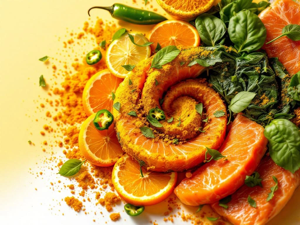 Vetverbrandende voedingsmiddelen in spiraalvorm: chilipepers, citrus, spinazie, zalm en kurkuma tegen oranje achtergrond
