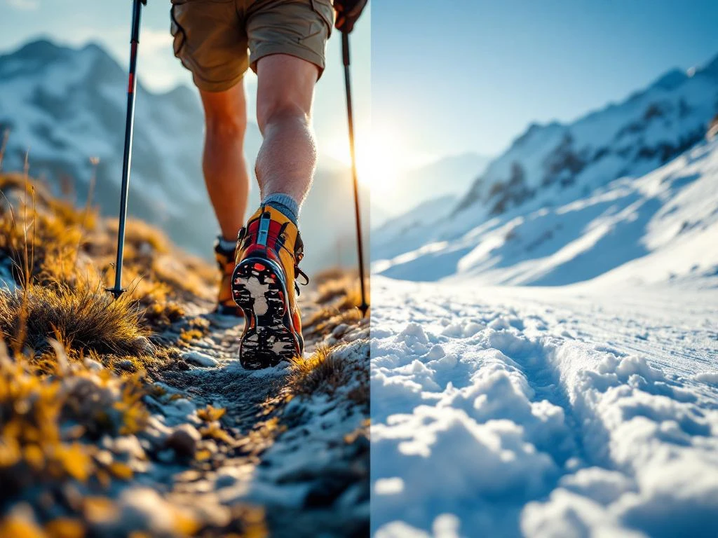 Wandelaarsbenen in bergschoenen op bergpad die overgaan in skibenen op witte sneeuw, met wandel- en skistokken