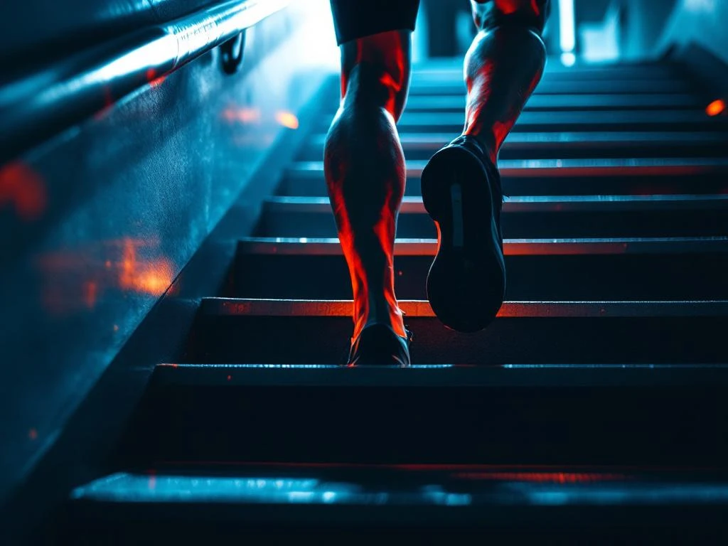 Atletische benen in beweging op moderne traptreden tijdens fitness training in professionele sportschool