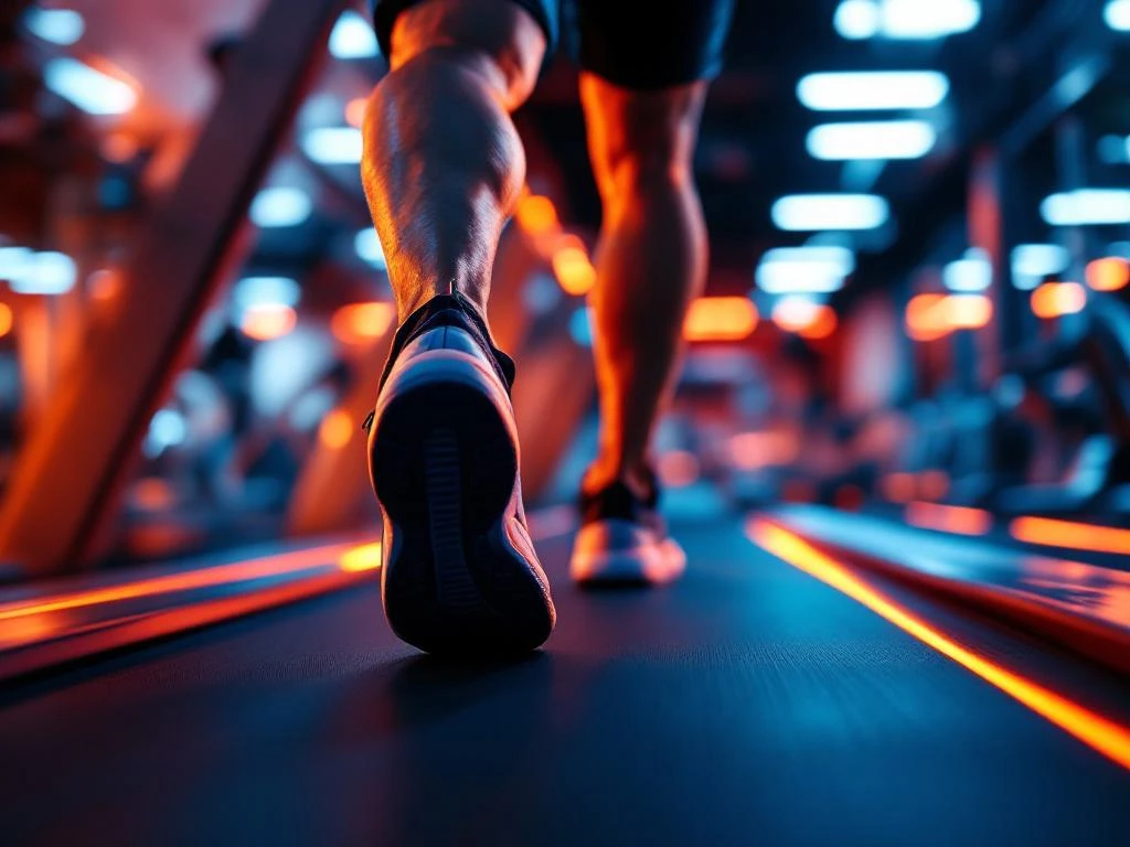Atleet rent op moderne loopband met oranje en blauwe LED-verlichting in professionele fitnessruimte