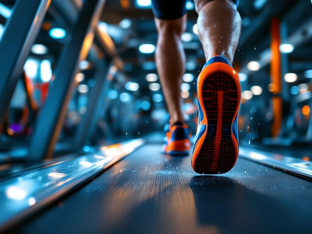 Atleet rent op moderne loopband in sportschool met oranje en blauwe verlichting, benen in beweging
