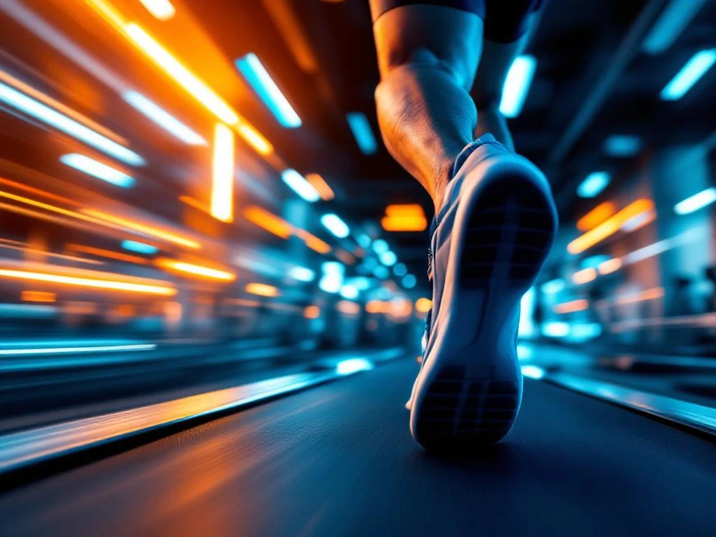 Atletische benen in beweging op loopband in moderne sportschool met oranje en blauwe verlichting