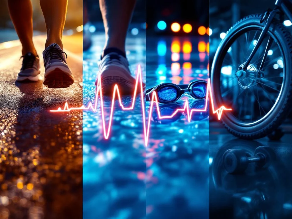 Sportuitrusting splitscreen met hardloopschoenen, zwembril, halters en fietsband verbonden door hartslaglijn