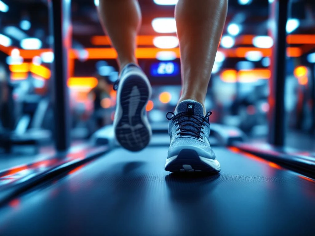 Hardloopschoenen in beweging op loopband met digitaal display op nul, sportschool met oranje en blauwe verlichting