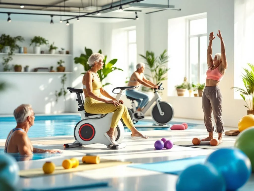 Diverse 55+ volwassenen trainen in moderne sportschool: zwemmen, fietsen en yoga in heldere ruimte met natuurlijk licht