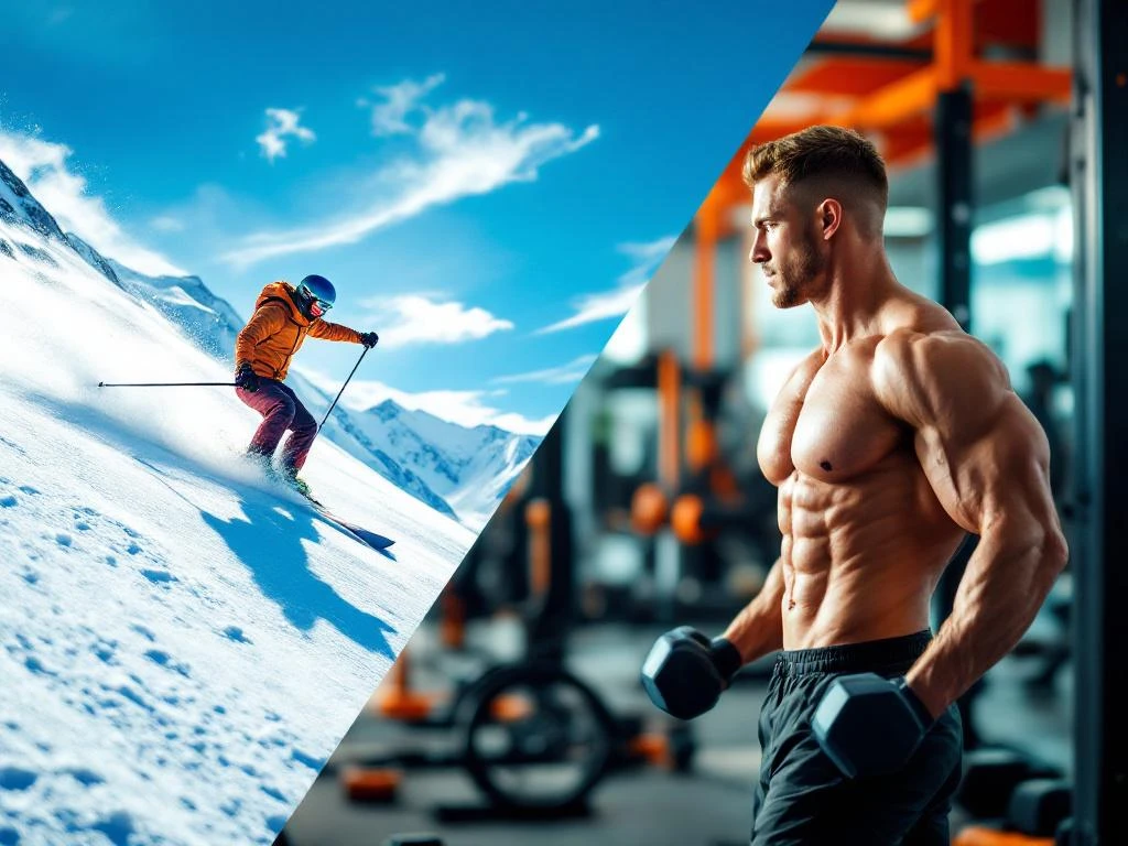 Skiër in actie op besneeuwde helling naast moderne fitnessapparatuur met halters in gesplitste compositie