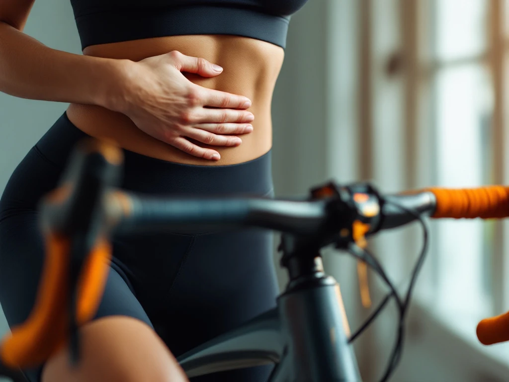 Wielrenner in sportkleding houdt hand op buik naast racefiets, toont fitnessresultaten en kernkracht training