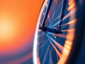 Fietsenwiel in beweging met vage spaken tegen oranje-blauwe achtergrond, toont snelheid en dagelijkse fietstraining