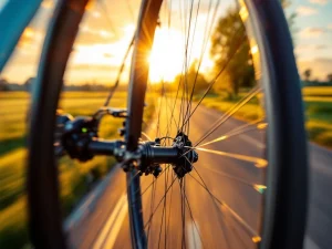Fietsenwiel in beweging met vervage spaken tijdens gouden uur op Nederlands fietspad met groene velden op achtergrond