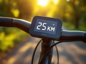 Fietscomputer toont 25 KM op racefiets stuur met gouden avondlicht en wazig groen gebladerte op achtergrond