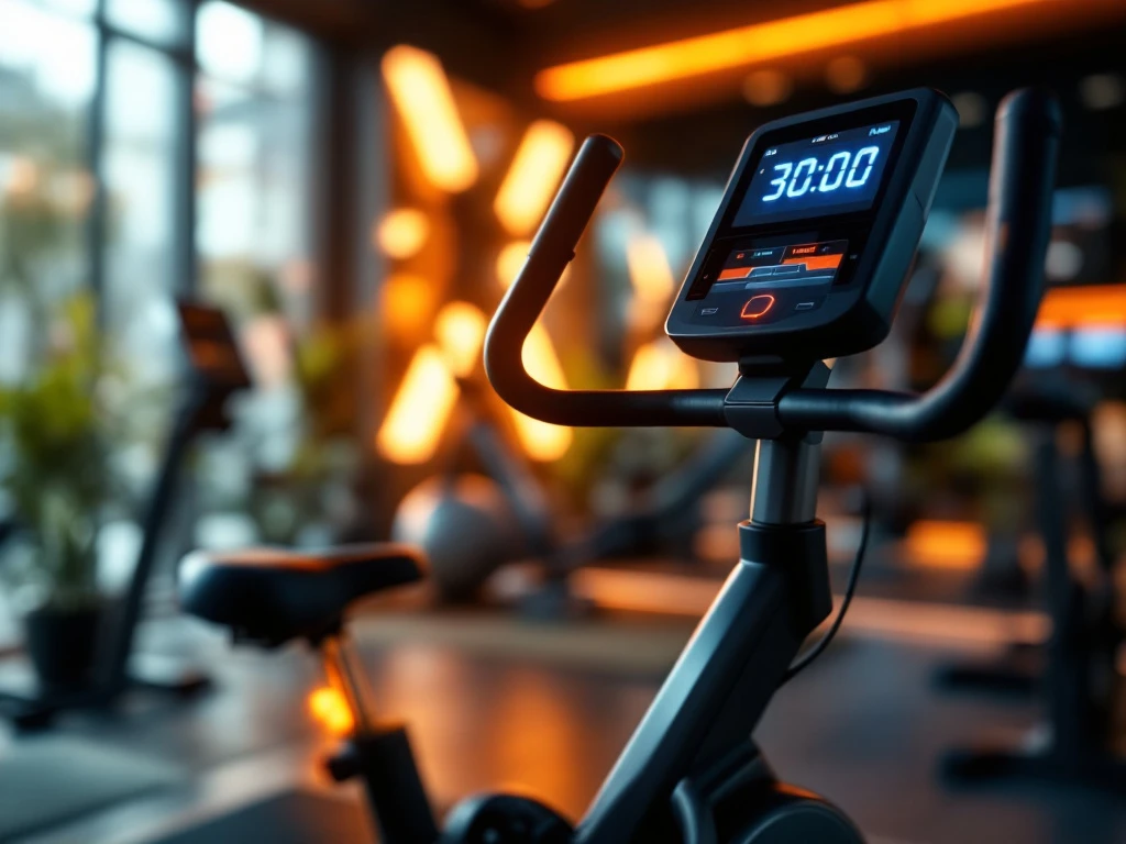 Moderne hometrainer in luxe thuisgym met digitaal display op 30:00, dramatische verlichting en premium fitnessapparatuur