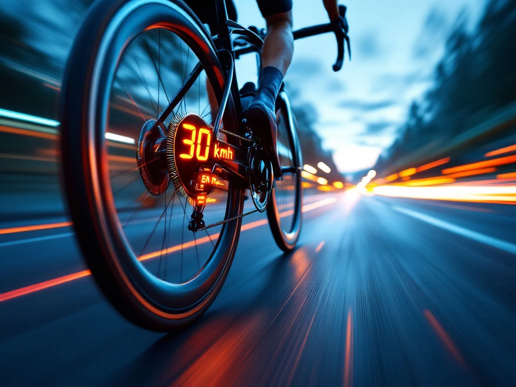 Achterwiel van racefiets in beweging met snelheidsmeter van 30 km/h en motion blur op asfaltweg