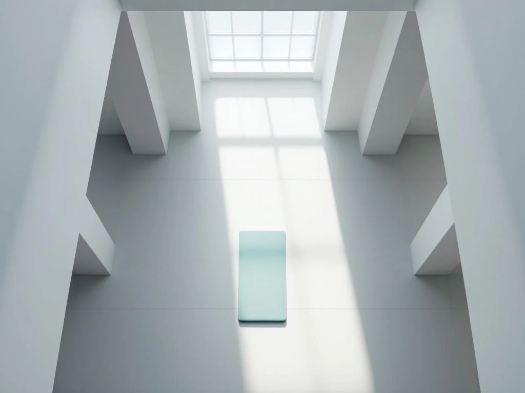Moderne fitnessstudio met centrale klok, geometrische lijnen en trainingsmat in minimalistische ruimte met natuurlijk licht