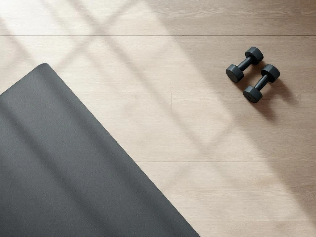 Bovenaanzicht van fitnessruimte met yogamat, halters en kompasontwerp richting Reeshof op houten vloer