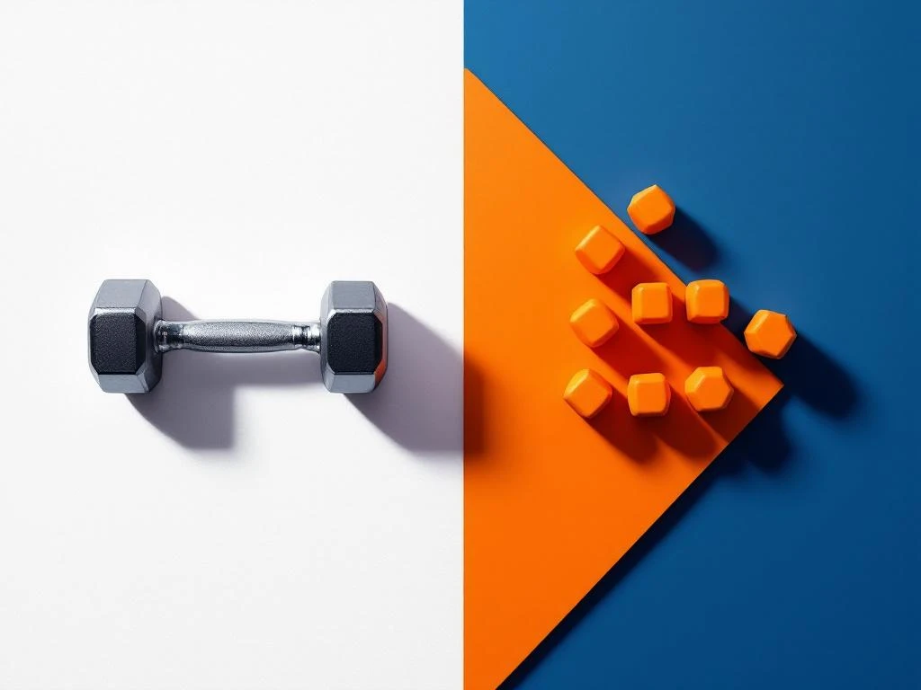 Enkele halter op witte ondergrond naast geometrisch gerangschikte gewichten in navy en oranje
