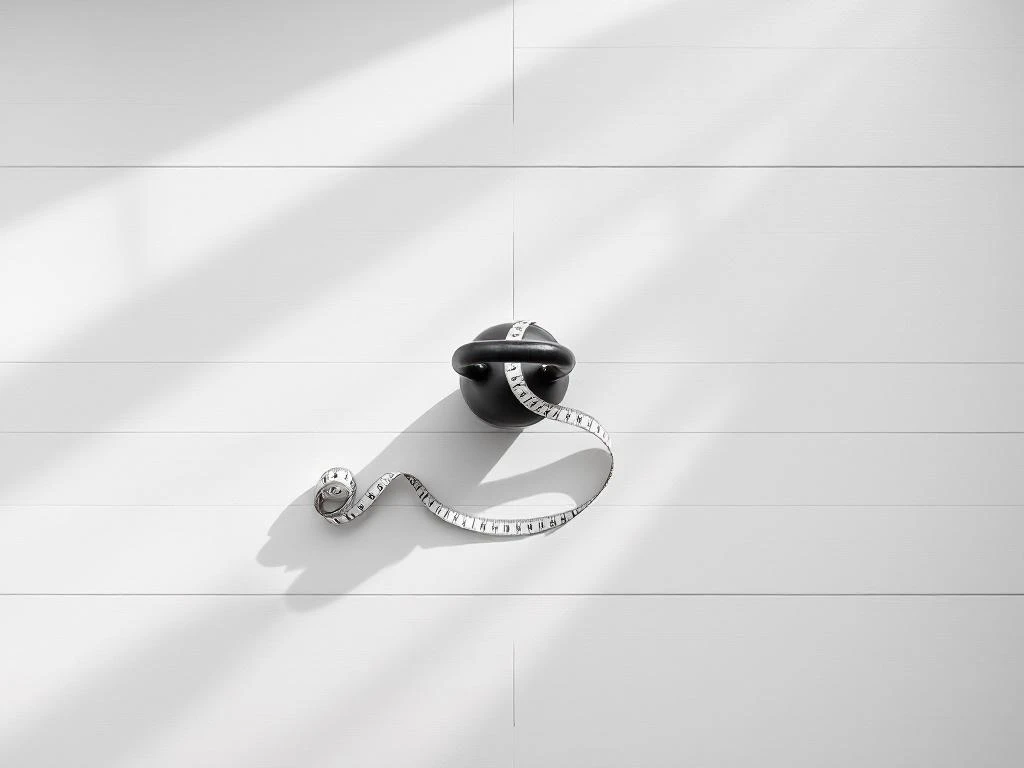 Zwarte kettlebell op witte houten vloer met meetlint, bovenaanzicht van minimalistische fitnessruimte met natuurlijk licht