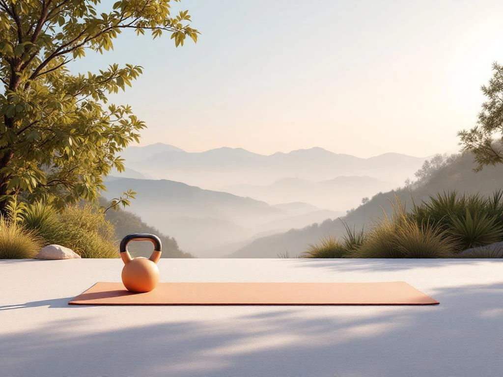 Minimalistische buitenfitnessruimte met yogamat en kettlebell bij dageraad met roze-blauwe lucht
This alt text is 105 characters and captures the essential elements: the minimalist outdoor fitness setting, key equipment (yoga mat and kettlebell), and the distinctive dawn sky colors, all in natural Dutch language.
