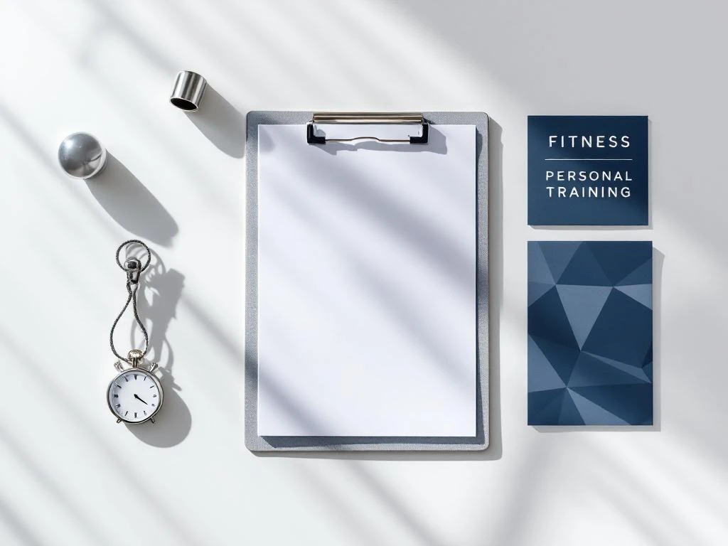 Klembord met certificeringsdocumenten, fluitje en stopwatch op wit bureau voor personal trainer kwalificaties