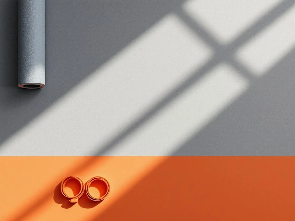 Minimalistisch bovenaanzicht van personal training studio met yogamat, dumbbells en weerstandsband op grijze vloer