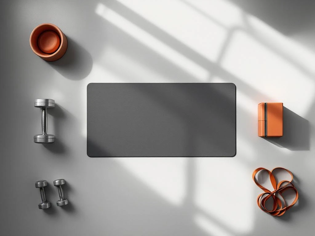 Minimalistische privé sportruimte met symmetrisch geplaatste trainingsapparatuur, yogamat en oranje CK Active accenten