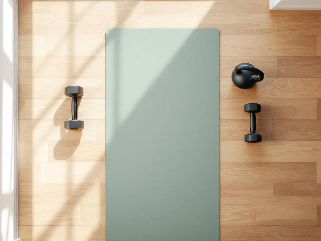 Yogamat op houten vloer met halters en kettlebell in symmetrische opstelling voor thuistraining