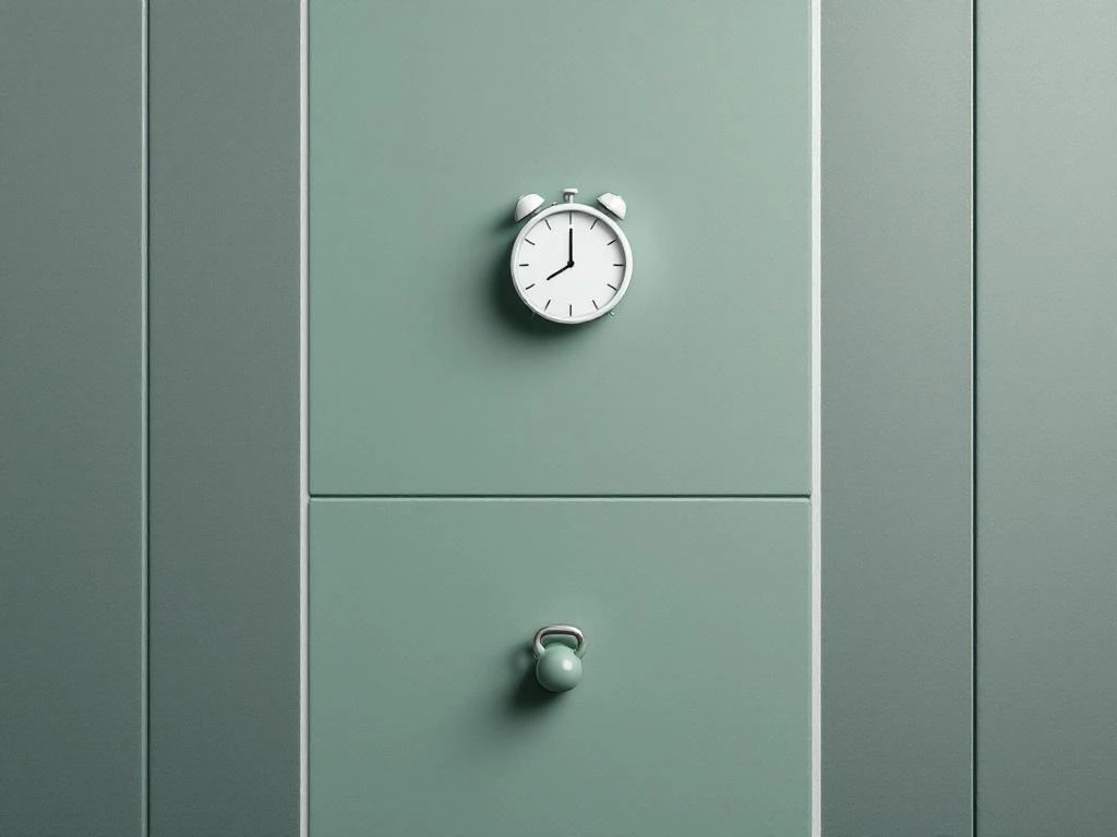 Witte timer boven groene gymvloer met kettlebell, minimalistische trainingszones in bovenaanzicht