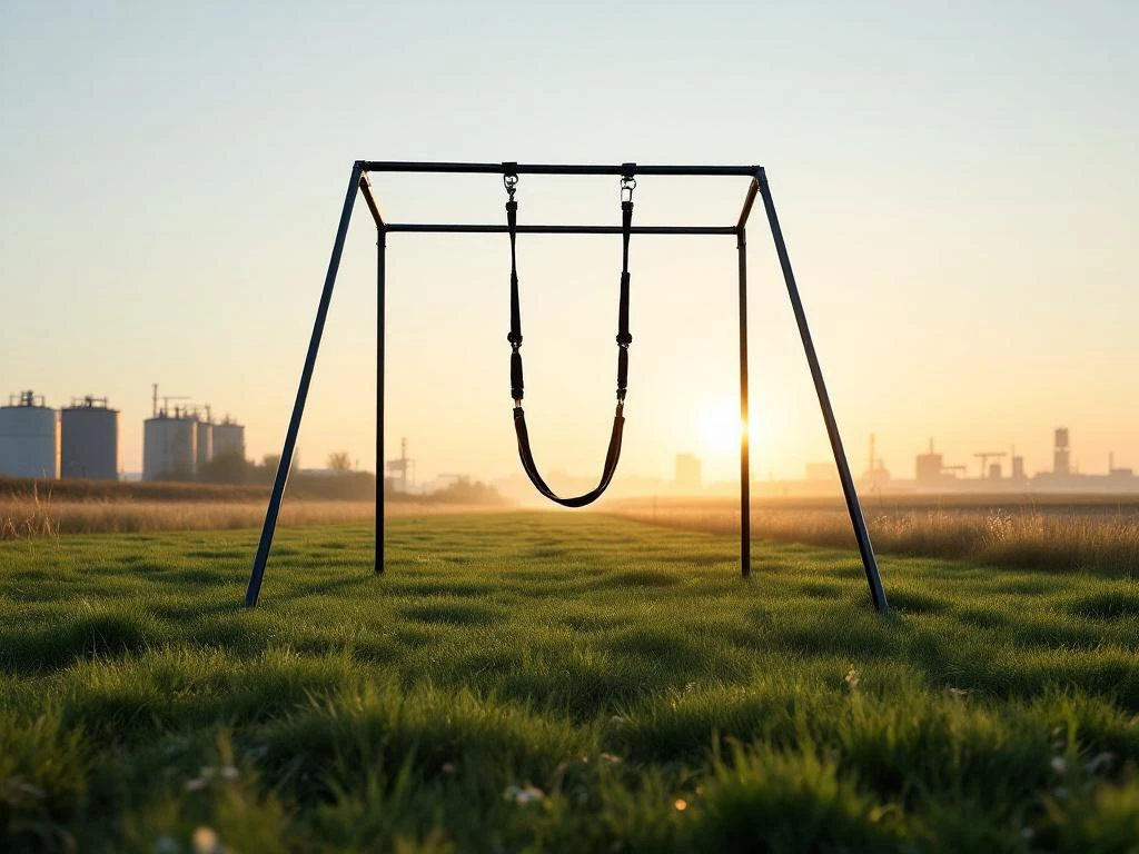 TRX-trainingsband aan geometrisch frame in natuurlijk ochtendlicht met Nederlands landschap op achtergrond