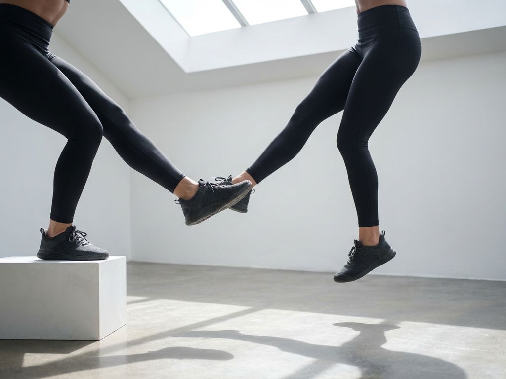 Vrouw voert eenbenige squat uit op wit platform in minimalistische studio met natuurlijk licht