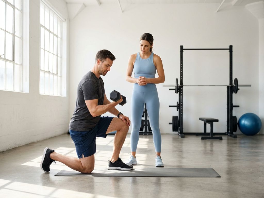 Fitness trainer demonstreert juiste dumbbell techniek aan cliënt in lichte, moderne sportschool met natuurlijk licht