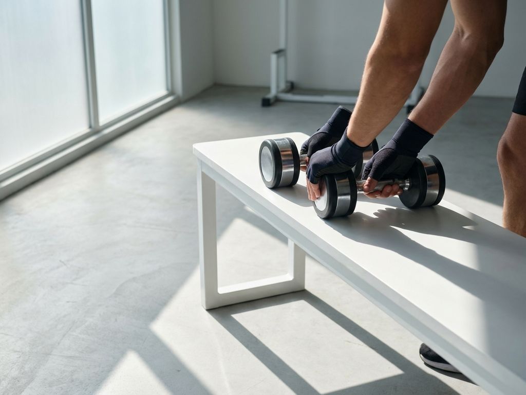 Fitnesstrainer past halters aan op witte trainingsbank in minimalistische sportschool met natuurlijk licht
