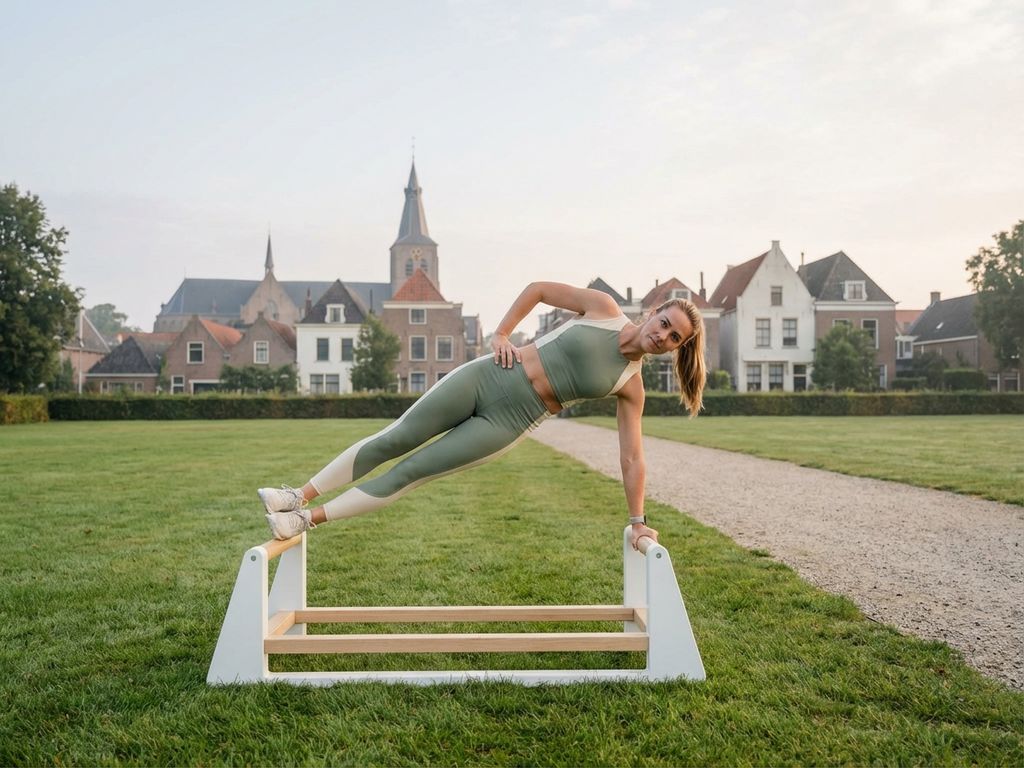 Fitnesstrainer demonstreert oefening met geometrische apparatuur in park Geertruidenberg, historische architectuur op achtergrond