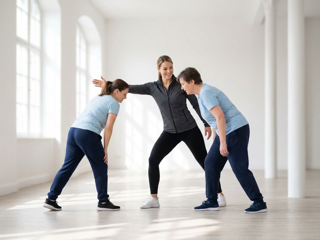 Personal trainer begeleidt beginner met oefening in lichte, moderne sportschool met natuurlijk daglicht