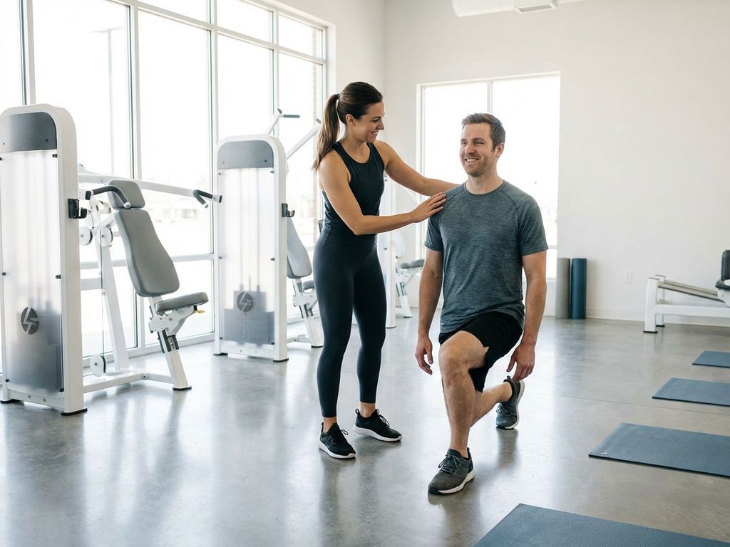 Personal trainer toont oefening aan beginnende cliënt in moderne, goed verlichte sportschool met minimalistisch interieur