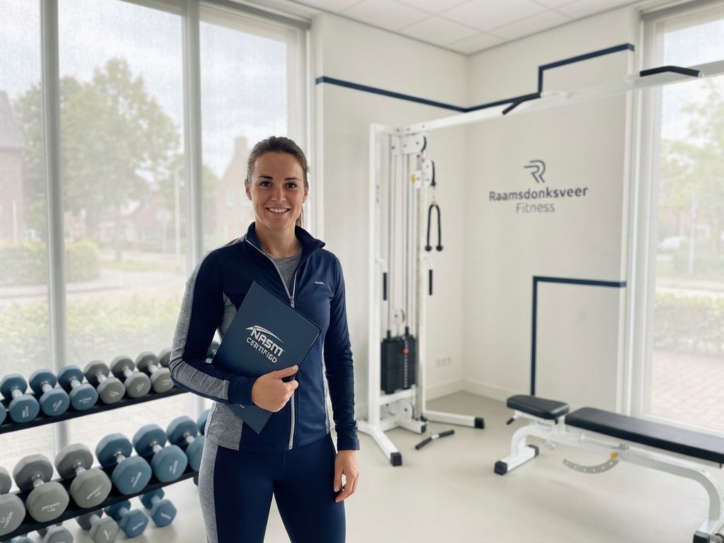 Zelfverzekerde personal trainer met certificaat in moderne fitnessruimte Raamsdonksveer, halters op achtergrond