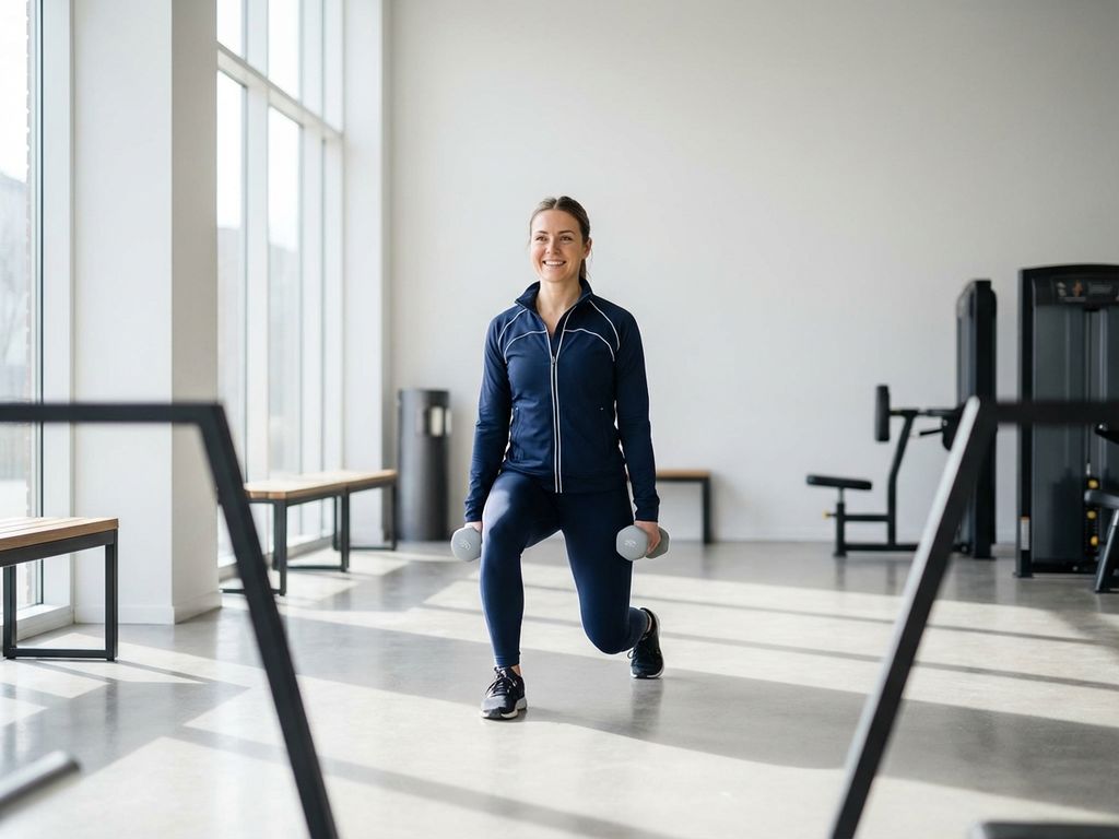 Professionele personal trainer toont juiste oefenvorm met halters in moderne sportschool met natuurlijk licht
