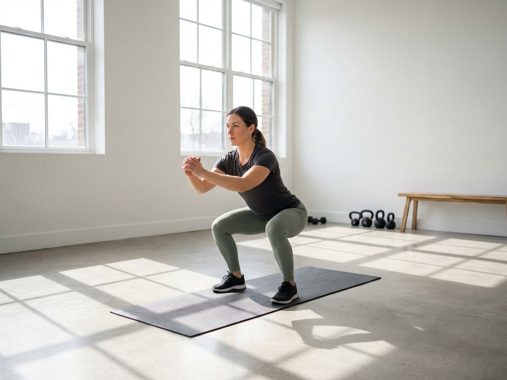 Personal trainer demonstreert juiste squat-houding in moderne gymstudio met natuurlijk licht en minimalistische inrichting