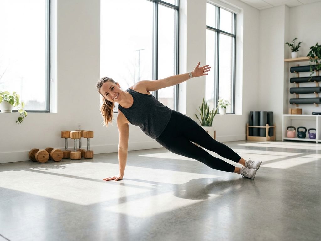 Zelfverzekerde vrouwelijke personal trainer demonstreert workout pose in lichte, moderne fitnessstudio met witte muren