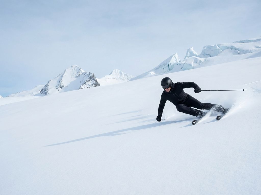 SkiΓ«r in zwarte kleding daalt af op witte piste met bergen op achtergrond, benadrukt atletische beweging