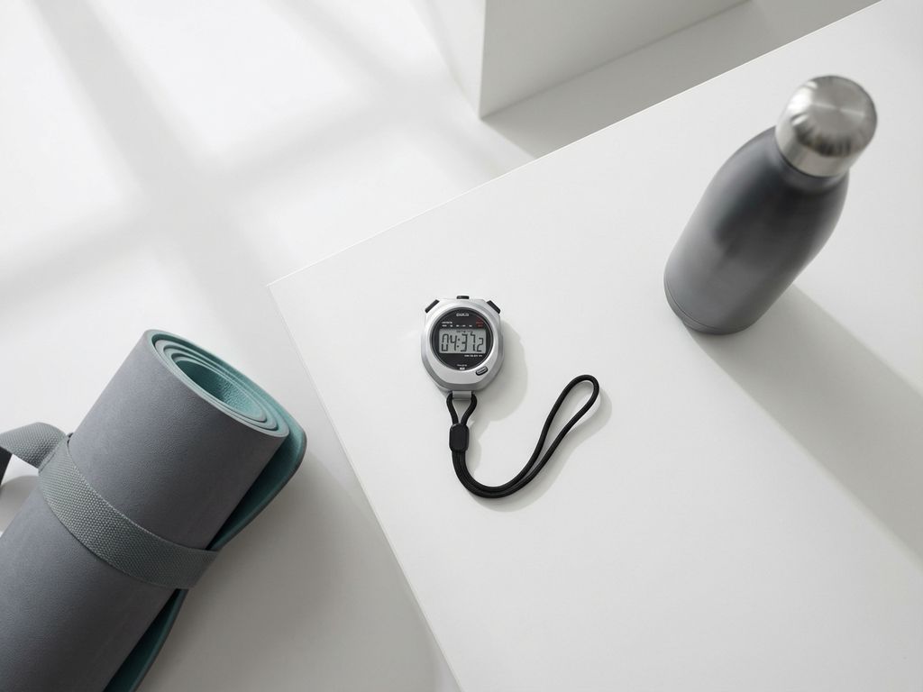 Stopwatch van fitnesstrainer met waterfles en yogamat op witte achtergrond, minimalistisch gerangschikt