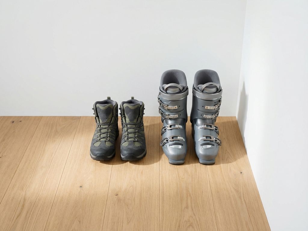 Moderne wandelschoenen en skischoenen op houten oppervlak met natuurlijke belichting en minimalistische compositie