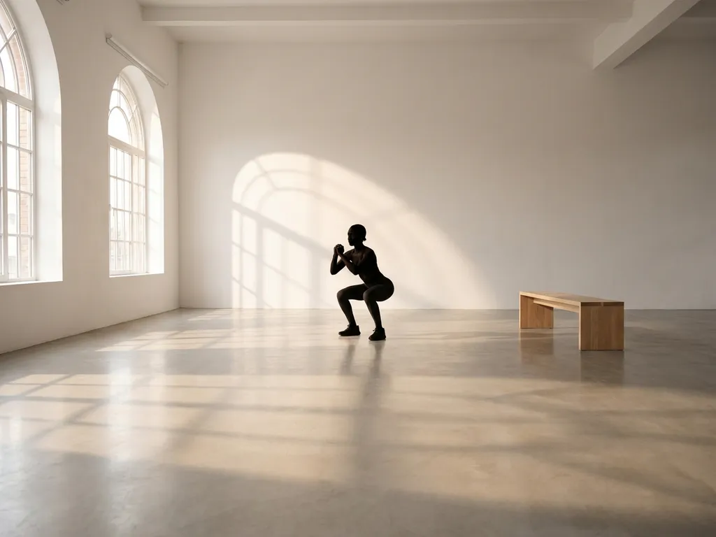 Persoon voert bodyweight squat uit in minimalistische witte studio met houten bank en natuurlijk licht