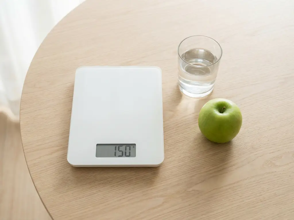 Digitale weegschaal op houten tafel naast glas water en groene appel in natuurlijk licht