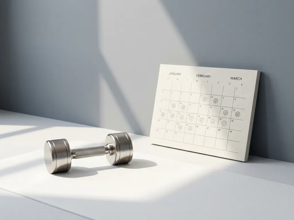 Chrome halter op witte ondergrond naast minimalistische kalender met driemaands voortgang in moderne fitnessomgeving