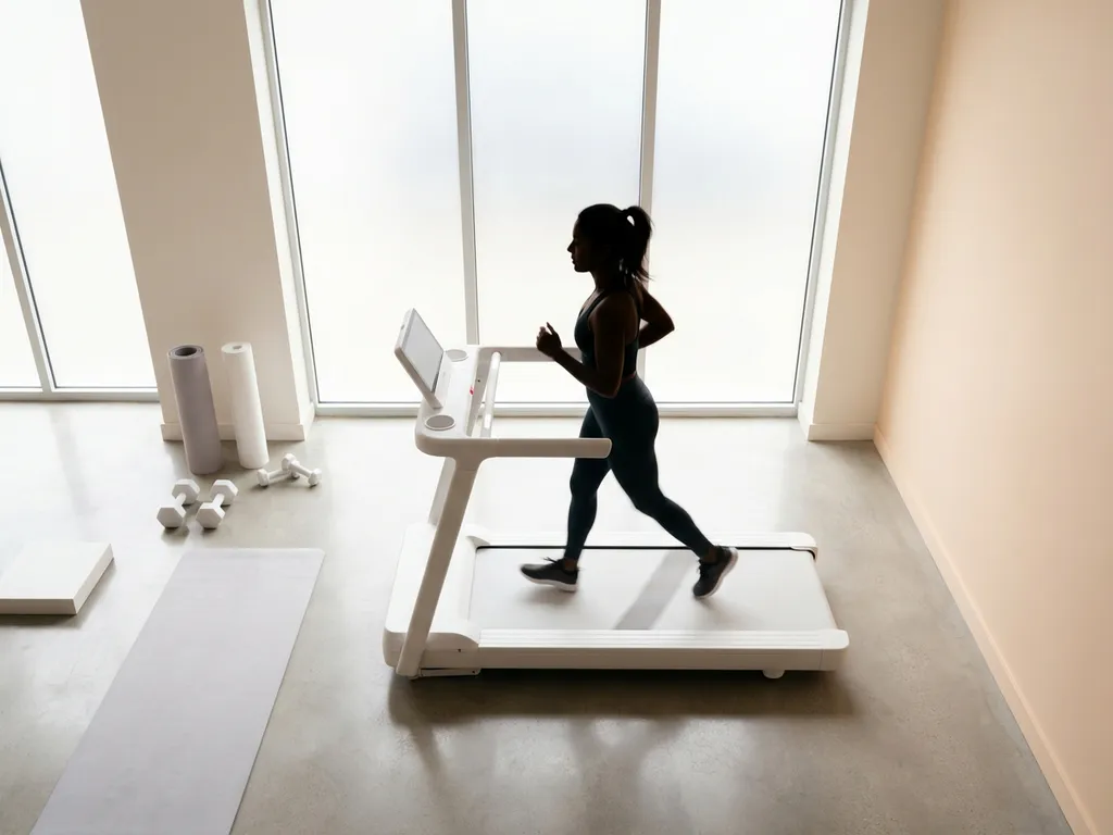 Vrouw rent op loopband in minimalistische fitnessstudio met natuurlijk licht en warme tinten