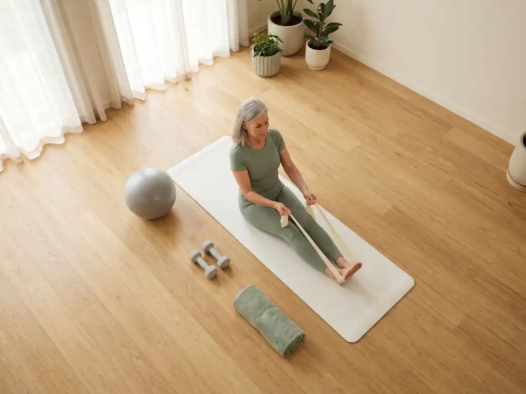 Vrouw van zestig voert weerstandsband oefeningen uit op yogamat omringd door halters en fitnessbal