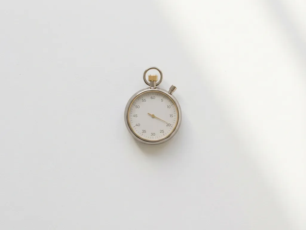 Elegante stopwatch op witte ondergrond met secondewijzer op 20 minuten, zachte natuurlijke belichting en minimalistisch design