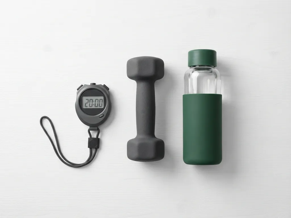 Stopwatch toont twintig minuten naast zwarte halter en waterfles op wit houten oppervlak, bovenaanzicht