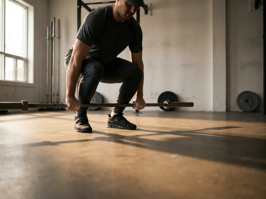 Atleet grijpt halter bij aanvang van een clean deadlift in minimalistisch privéstudio met gouden zijlicht.