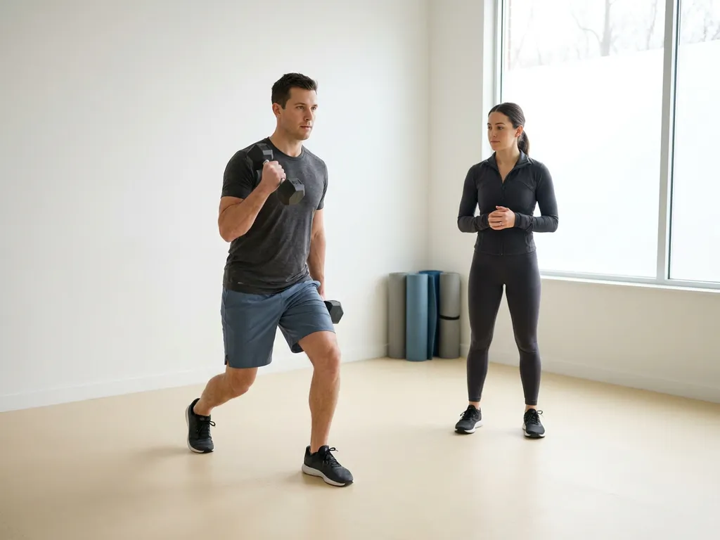 Atleet voert een dumbbell curl uit tijdens een lichte jogsessie, begeleid door een personal trainer in een stijlvolle privéstudio.