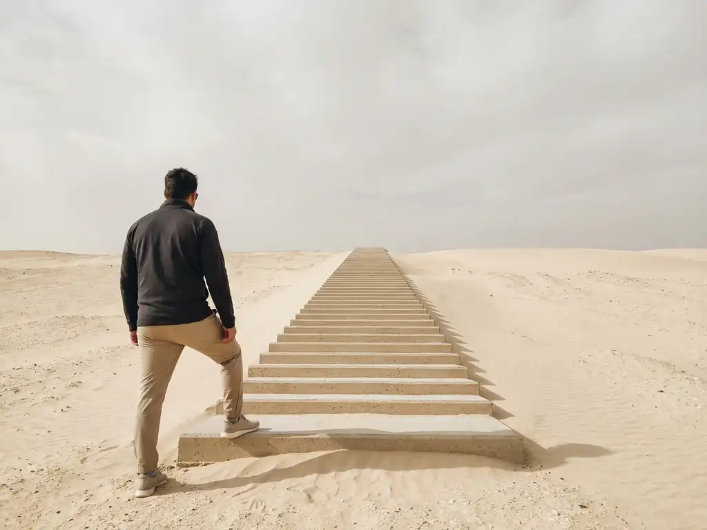 Atleet zet eerste stap op een lange minimalistische trap, gefotografeerd vanuit lage hoek met zachte natuurlijke belichting en rustgevende sfeer.